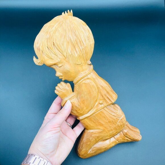 70s Hand Carved Wood Wall Plaque Praying Boy Vintage Gerard Lamonde Wall Hanging - Picture 7 of 10